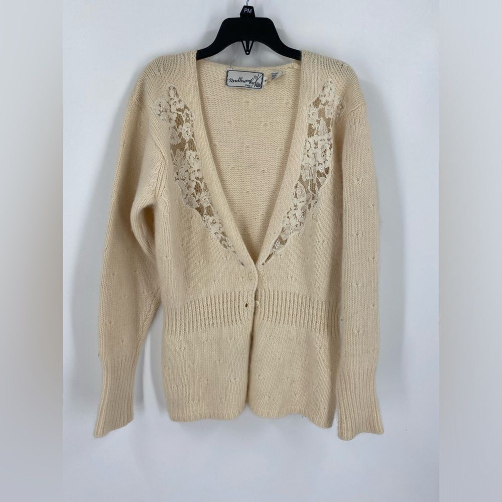 Needleworks Cream Wool Cardigan with Ribbed Knit Texture V Neck Button Closing S